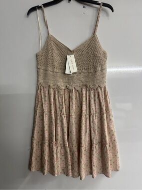 Pink Rose Beige Crochet Bodice Pink Floral Tiered Mini Dress